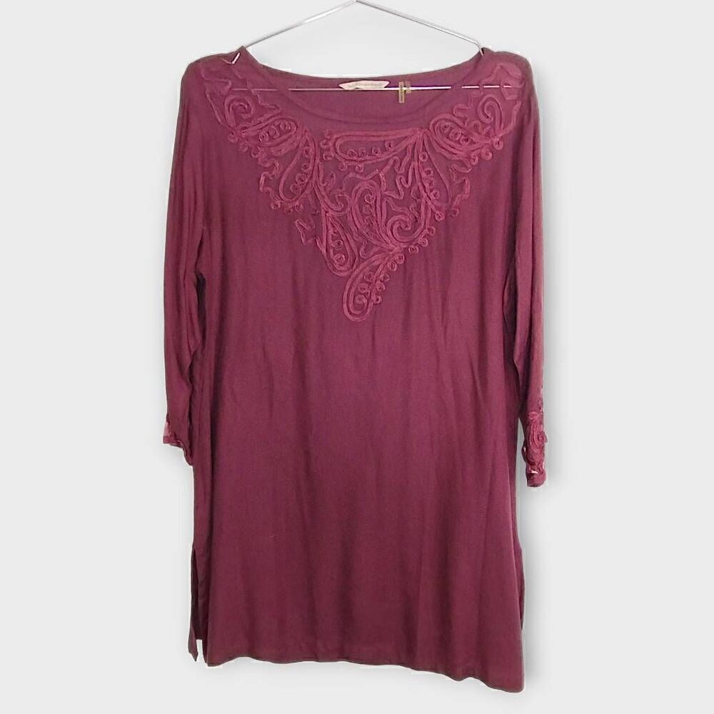 Soft Surroundings Womens Top Sz Small‎ Cranberry Lace Insert Tunic Relaxed Fit